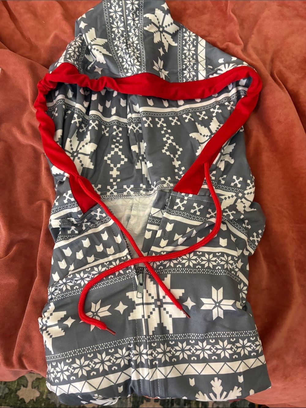 Grey & White Snowflake Zip Hoodie with Red Trim